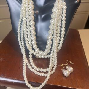 Jewlery Fashion Drop Neck Layered Pearl and Sliver Necklace Set